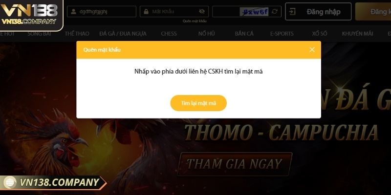 Nếu quên mật khẩu đăng nhập Vn138 nhấn vào liên kết tìm lại